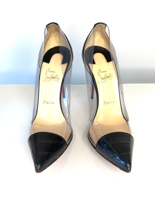 Christian Louboutin Debout 100 Black Croc-Embossed Leather & PVC Pumps – Size 38 / UK 5 – VERY SMALL FIT Fits Approx. 36.5 / UK 3.5