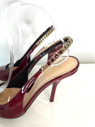 Gucci Pre-Loved Signoria Slingback Rosso Ancora Burgundy Patent Leather Heels 37 UK4