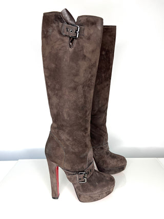 Christian Louboutin Harletty Brown Suede Platform Knee High Boots 38 UK5