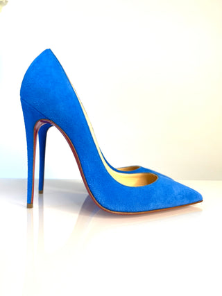 Christian Louboutin So Kate blue suede high-heeled pump with a pointed toe and slim stiletto heel