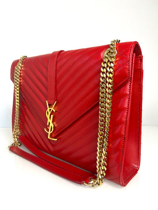Saint Laurent YSL Pre-Loved Large Envelope Red Chevron Quilted Leather Shoulder Bag