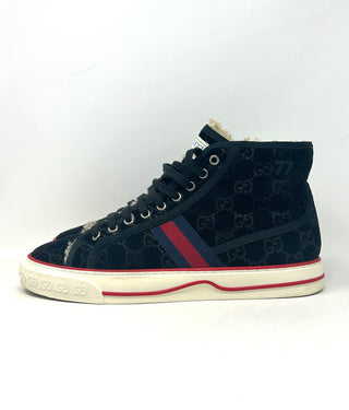 Gucci Tennis 1977 Mens Black Suede Monogram Shearling High Sneakers Boots 40.5 UK 6.5