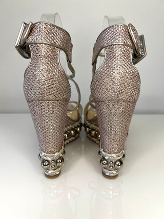 Christian Louboutin Chocazeppa 120 Colombe Glitter Platform Red Sole Wedge Sandals 39 UK6