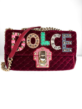 Dolce & Gabbana Lucia  Studded Burgundy Velvet Shoulder Bag