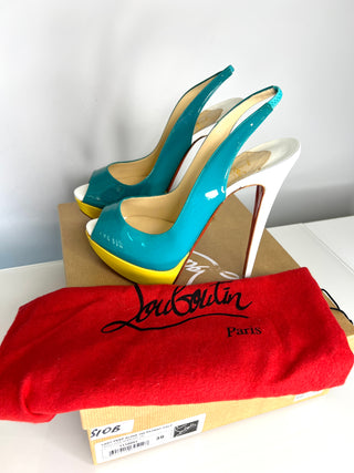 Christian Louboutin Lady Peep Sling 150 Jade Mimosa Patent Leather Platform Heels 39 UK6