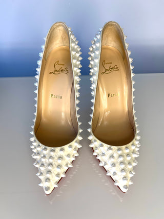 Christian Louboutin Folies Spikes 100 White Patent Coquillage Heels – Size 38 UK 5