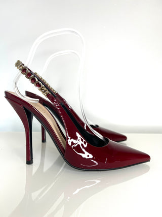 Gucci Pre-Loved Signoria Slingback Rosso Ancora Burgundy Patent Leather Heels 37 UK4