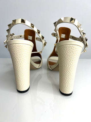 Valentino Garavani Rockstud Block Heel Ivory Leather Slingback Sandals 38 UK5