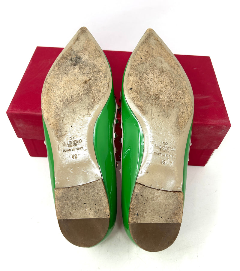 Valentino Garavani Rockstud Green Patent Nude Leather Ballerina Flats 42 UK 9