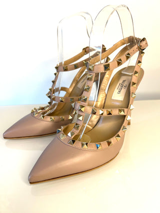 Valentino Garavani Rockstud 100 Caged Ankle Strap Beige Leather Heels 38 UK5