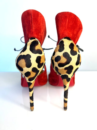 Christian Louboutin Ferme Rouge 100 Red Suede Leopard Print Heels – Size 39 UK 6