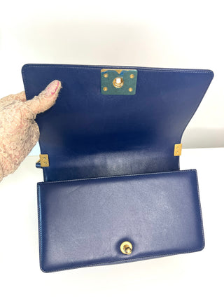 Chanel Medium Boy Bag Navy Blue Quilted Lambskin Leather Gold Tone Hardware Shoulder Bag
