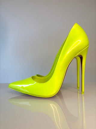 Christian Louboutin So Kate 120 Neon Fluo Yellow Patent Leather Heels 37.5 UK4.5