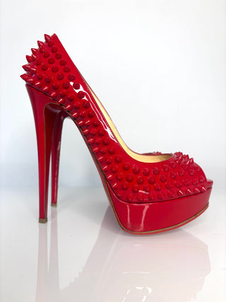 Christian Louboutin Lady Peep Spikes 150 Red Patent Platform Heels 38 UK5
