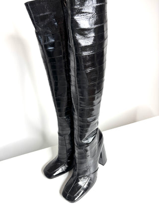 Saint Laurent Jane Black Leather Knee High Boots 37 UK4