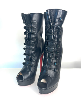 Christian Louboutin Alta Bouton 150 Black Leather Peep-Toe Platform Boots — Size 39 UK6