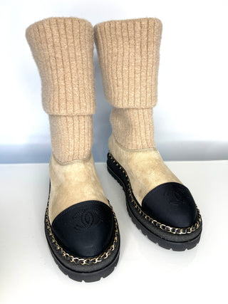 Chanel Beige Suede and Knit Chain Detail Boots 39 UK6