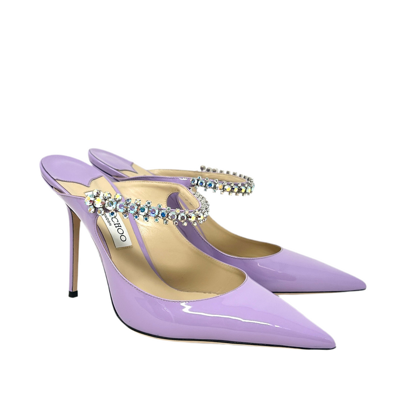 Jimmy Choo Light Purple Lilac Patent Leather Crystal Strap Heel Pumps