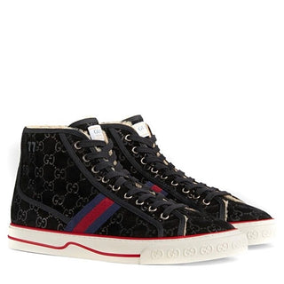 Gucci Mens Black Suede Monogram Shearling High Sneakers 