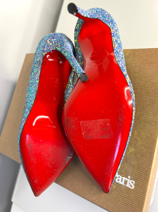 Christian Louboutin So Kate 120 Etincelle Blue Glitter Dragonfly Heels 37.5 UK4.5