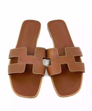 Hermes Oran Brown Leather H Cut Out Flat Slide Sandals 42 UK 9