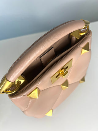 Valentino Garavani Roman Stud Blush Pink Nude Leather Gold Hardware Top Handle Cross-body Bag