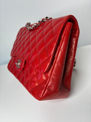 Chanel Jumbo Red Lambskin Classic Single Flap Shoulder Bag