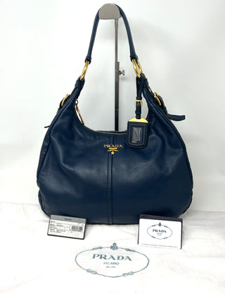 Prada Sacca Navy Blue Soft Calf Leather Hobo Shoulder Bag