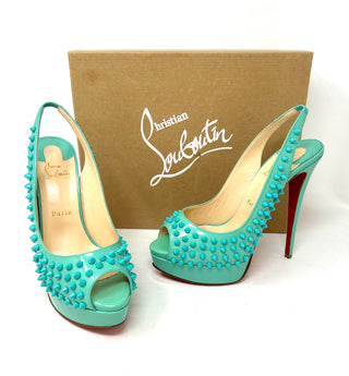 Christian Louboutin Spikes Turquoise Patent Peep Toe Sling Back Heels