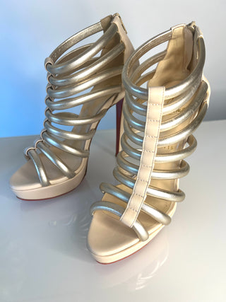 Christian Louboutin Romaine Gladiator Gold Beige Platform Sandals  39 UK6