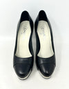 Chanel Black Leather Silver Logo Platform Cap Toe Pump Block Heels 37 UK 4