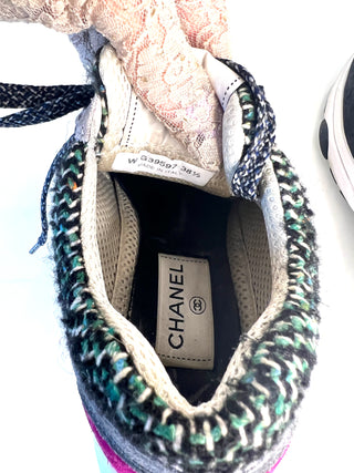 Chanel Preloved Multicolor Tweed Suede CC Sneakers Trainers 38.5 UK5.5