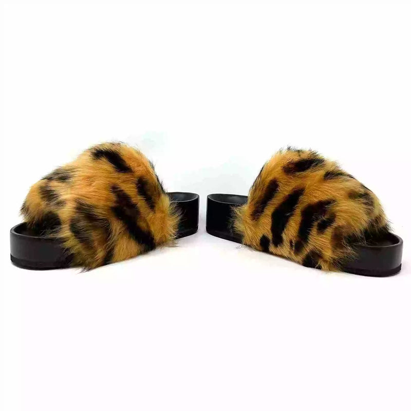 Celine Phoebe Philo Boxy Leopard Print Faux Fur Open Toe Slide Sandals 40 UK 7