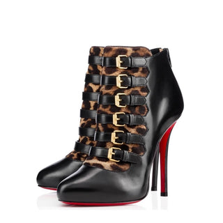 Christian Louboutin Black Leather Leopard Buckled Heel Boots 