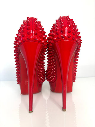 Christian Louboutin Lady Peep Spikes 150 Red Patent Platform Heels 38 UK5