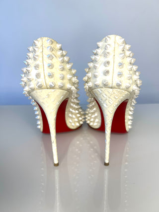 Christian Louboutin Folies Spikes 100 White Patent Coquillage Heels – Size 38 UK 5