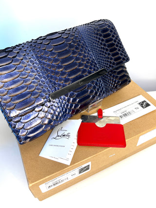 Christian Louboutin Rougissime Nuit Blue Metallic Python Clutch Shoulder Bag