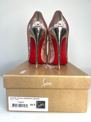 Christian Louboutin So Kate 120 Paill Sirene Rose Gold Sequined Heels 38.5 UK5.5