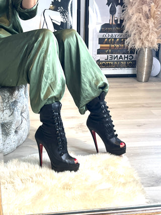 Christian Louboutin Alta Bouton 150 Black Leather Peep-Toe Platform Boots — Size 39 UK6