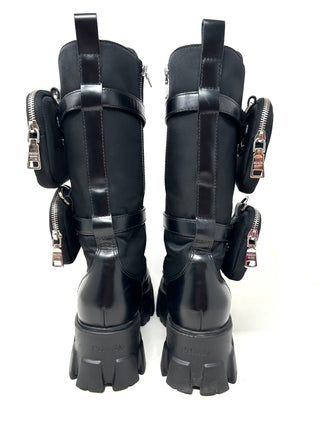 Prada Black Leather Nylon Tall Combat Boots