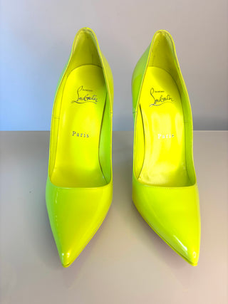 Christian Louboutin So Kate 120 Neon Fluo Yellow Patent Leather Heels 37.5 UK4.5