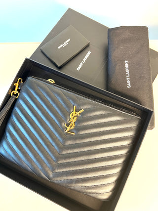 Saint Laurent YSL Monogram Cassandre A5 Black Leather Wristlet Zip Pouch Clutch Bag