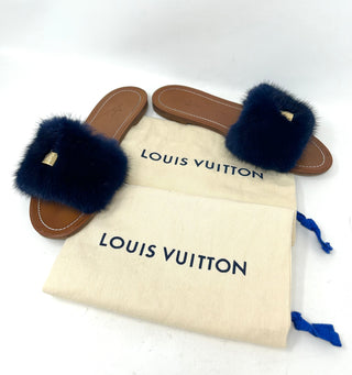 Louis Vuitton Brown Leather Dark Blue Mink Fur Slides