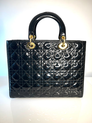 Dior Large Lady Dior Black Patent Leather Handbag
