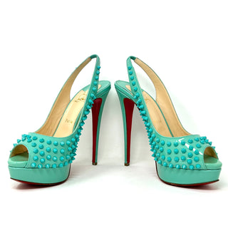 Christian Louboutin Spikes Turquoise Patent Peep Toe Sling Back Heels