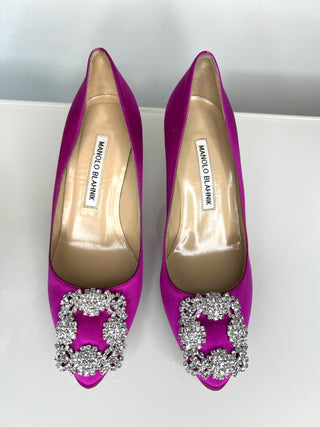 Manolo Blahnik Preloved Hangisi 70 Crystal-Embellished Fuchsia Pink Pumps Heels 35 UK2