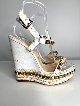 Christian Louboutin Cataclou White/Light Gold Wedge Sandals 38 UK5