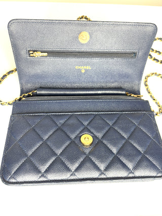 Chanel Wallet On Chain Navy Caviar Gold Tone Hardware Crossbody Bag WOC