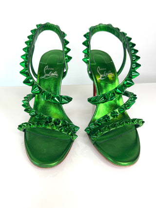 Christian Louboutin Spikita Strap 100 Green Leather Sandals 38.5 UK5.5