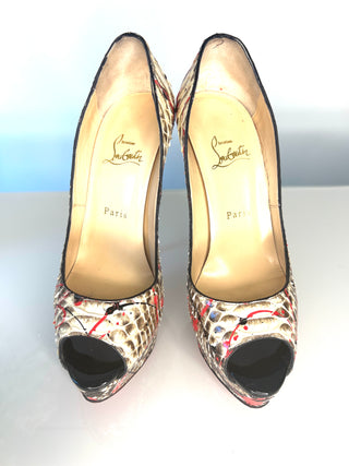 Christian Louboutin Lady Peep Graffiti Python Peep-Toe Heels 39.5 UK6.5